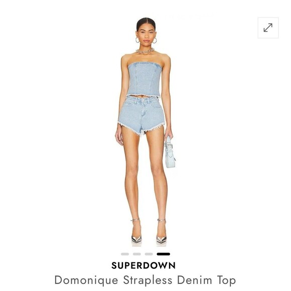 Superdown Domonique Denim Top Blue Strapless Frayed Hem Back Zip Sz Small NWT - Picture 1 of 9